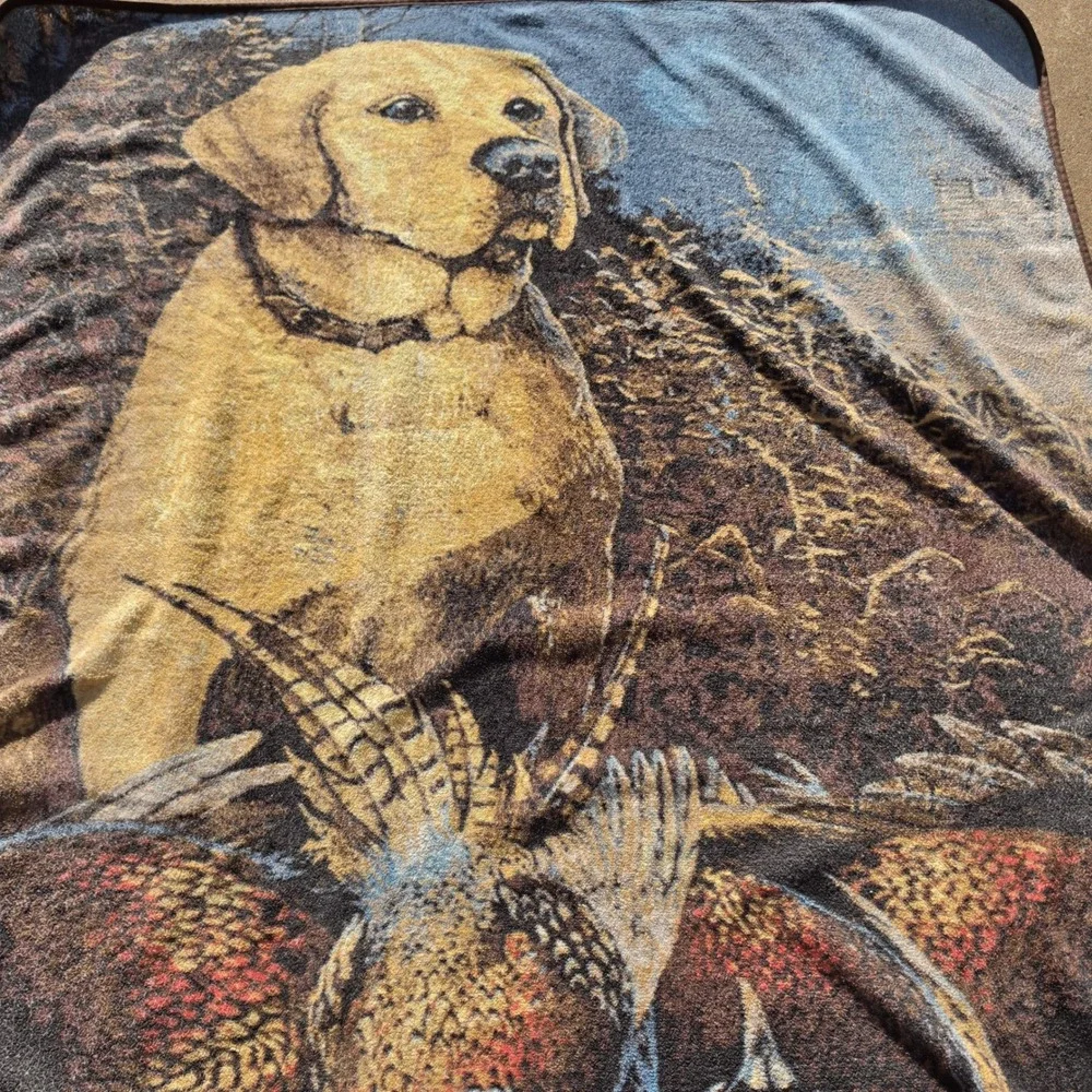 Vintage Yellow Lab Hunting Dog Pheasant Fleece Throw Blanket Cabin Decor 56x46